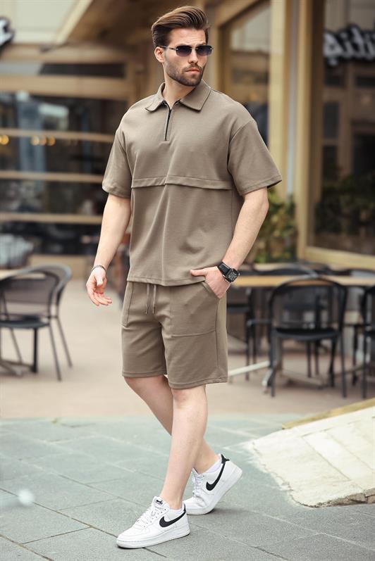 MDX Brown Zippered Polo Collar Men's Shorts Shirt Set E7314 - Marysville