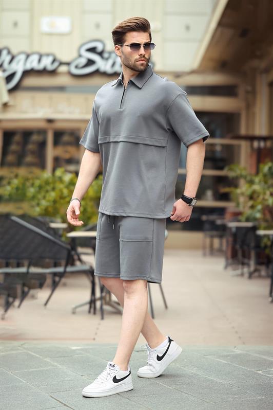 MDX Smoke Zippered Polo Neck Men's Shorts Shirt Set E7314 - Dragash