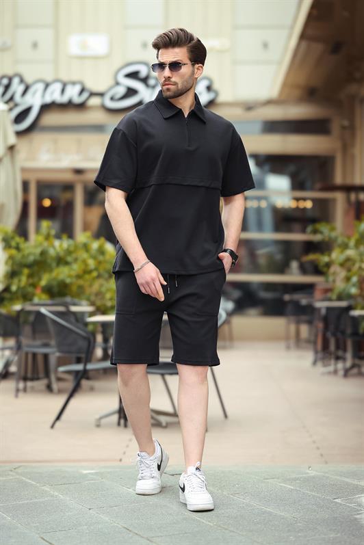 MDX Black Zippered Polo Collar Men's Shorts Shirt Set E7314 - La Rochelle