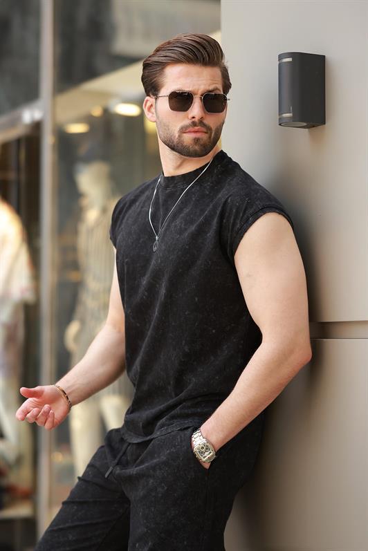 MDX Black Basic Men's Distressed Detail Shorts T-shirt Set E7319 - Albany