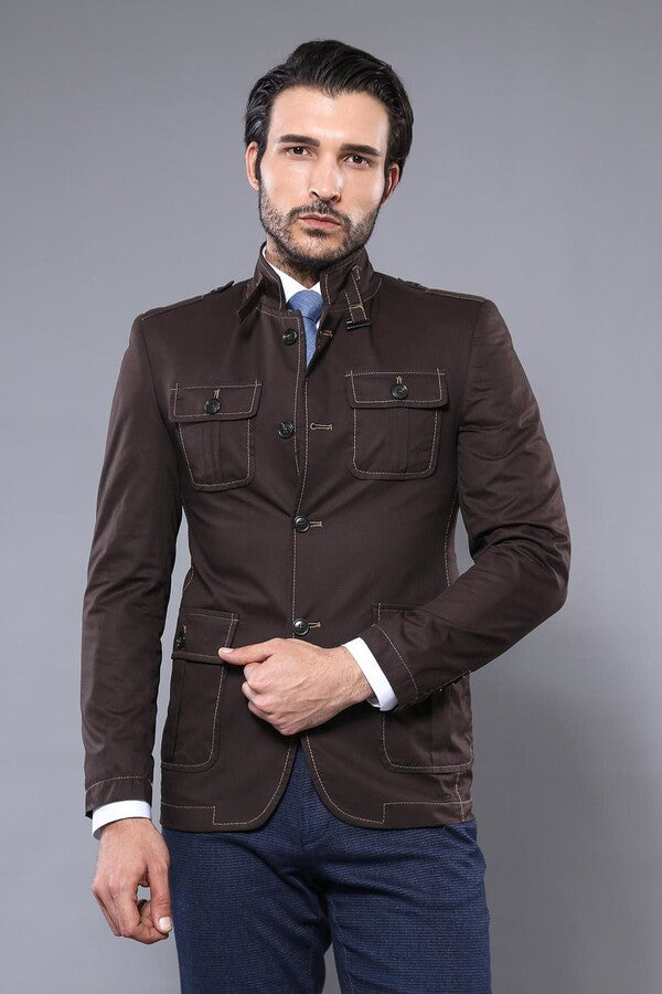 WSS Standing Collar Brown Men Trenchcoat  - Chaniá