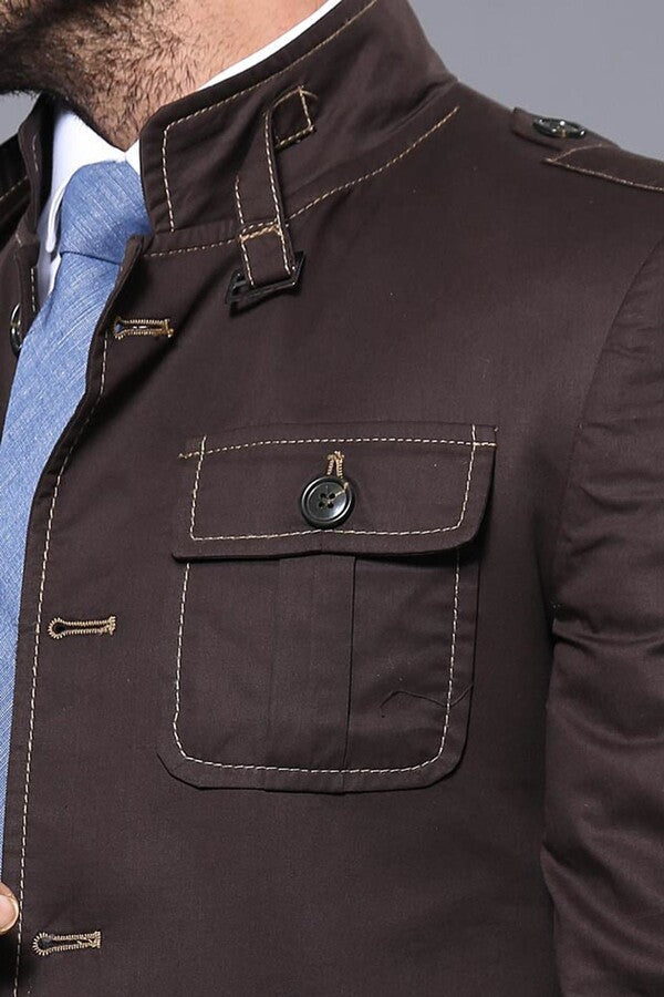 WSS Standing Collar Brown Men Trenchcoat  - Chaniá