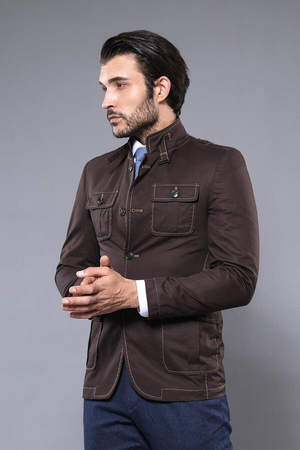 WSS Standing Collar Brown Men Trenchcoat  - Chaniá