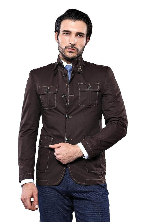 WSS Standing Collar Brown Men Trenchcoat  - Chaniá