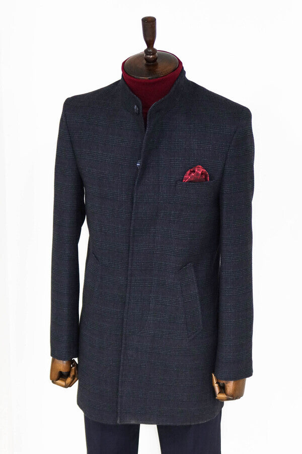 WSS Standing Collar Checked Navy Blue Men Coat  - Bel Air South