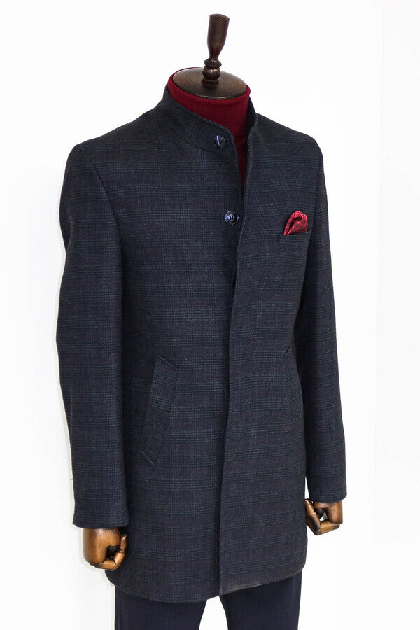 WSS Standing Collar Checked Navy Blue Men Coat  - Bel Air South