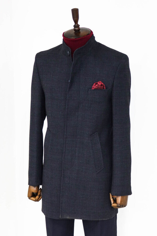 WSS Standing Collar Checked Navy Blue Men Coat  - Bel Air South