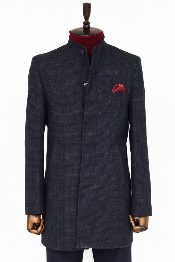 WSS Standing Collar Checked Navy Blue Men Coat  - Bel Air South