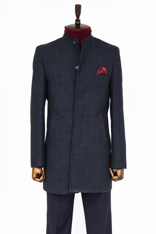 WSS Standing Collar Checked Navy Blue Men Coat  - Bel Air South
