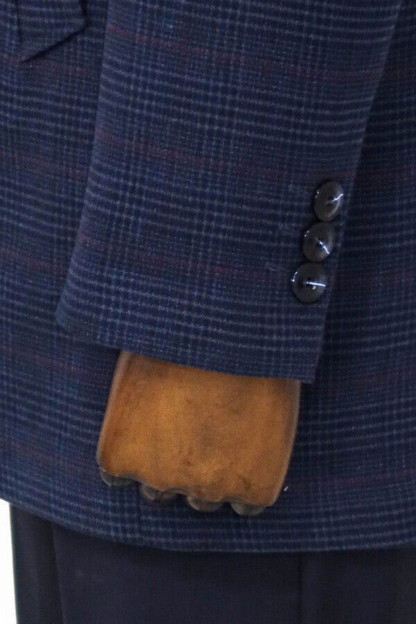 WSS Standing Collar Checked Navy Blue Men Coat  - Cantanhede