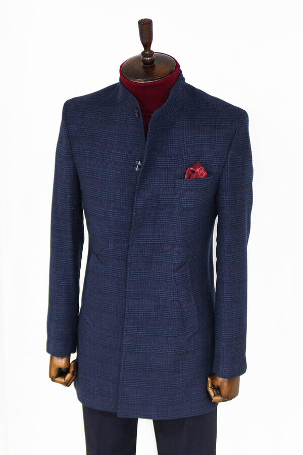 WSS Standing Collar Checked Navy Blue Men Coat  - Cantanhede