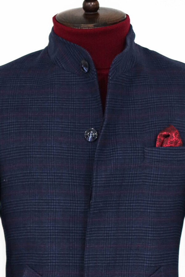 WSS Standing Collar Checked Navy Blue Men Coat  - Cantanhede