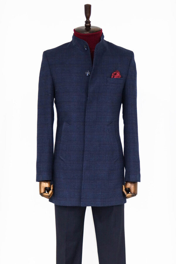 WSS Standing Collar Checked Navy Blue Men Coat  - Cantanhede