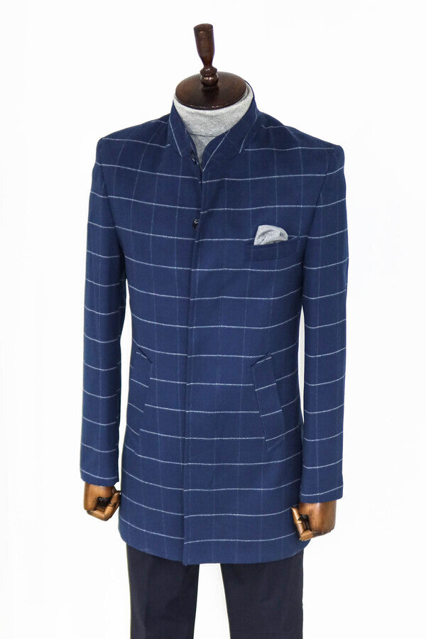 WSS Standing Collar Plaid Blue Men Coat  - Riga
