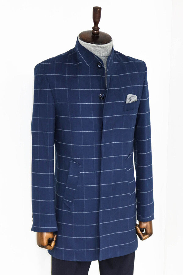 WSS Standing Collar Plaid Blue Men Coat  - Riga