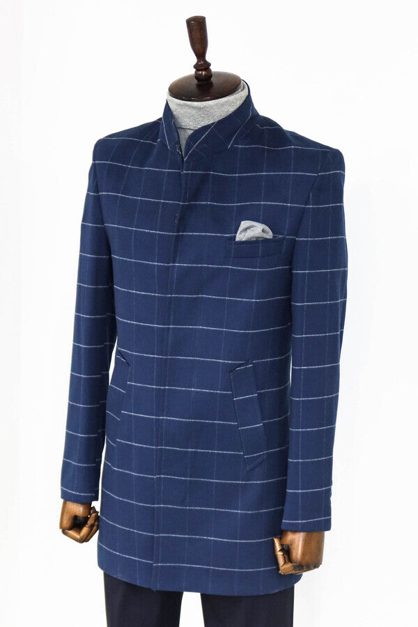 WSS Standing Collar Plaid Blue Men Coat  - Riga