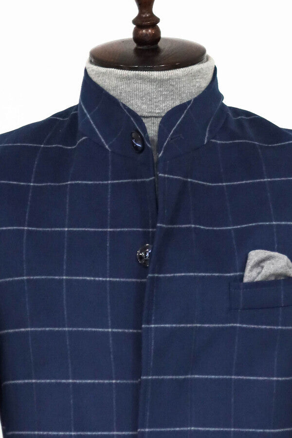 WSS Standing Collar Plaid Blue Men Coat  - Riga
