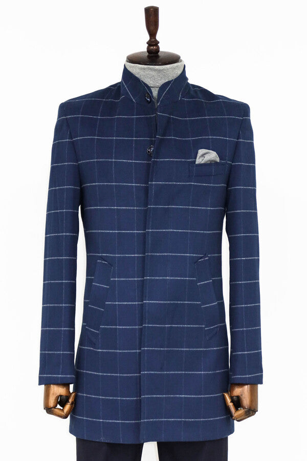WSS Standing Collar Plaid Blue Men Coat  - Riga