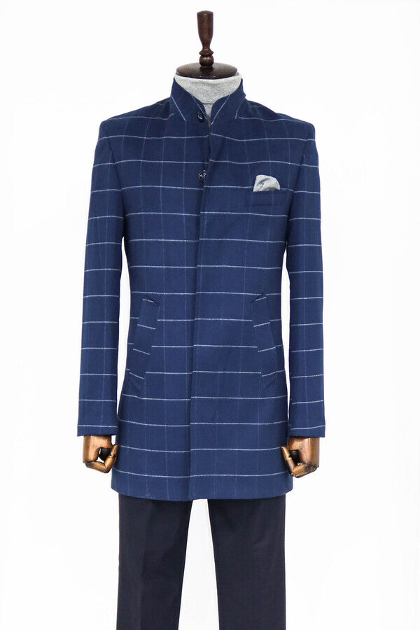 WSS Standing Collar Plaid Blue Men Coat  - Riga