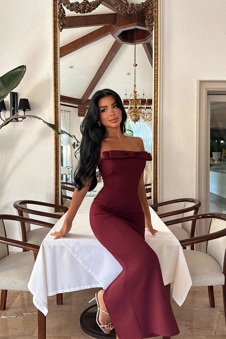 EYY Women Strapless Midi Dress in Cherry Maroon - Camargo