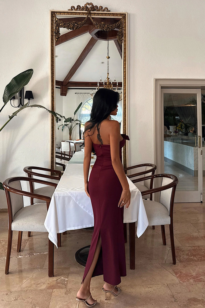 EYY Women Strapless Midi Dress in Cherry Maroon - Camargo