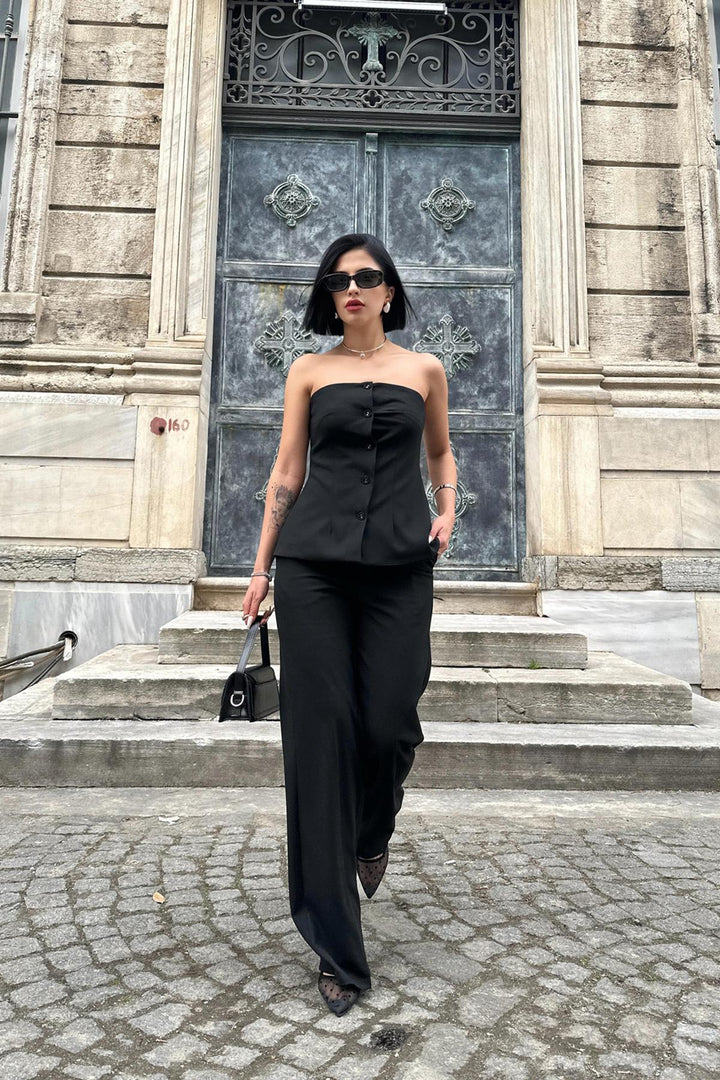 ELS Strapless Buttoned Crop Top and Pants Set - Black - Kerch
