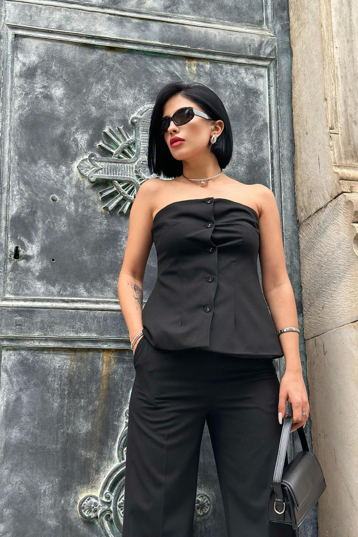 ELS Strapless Buttoned Crop Top and Pants Set - Black - Kerch