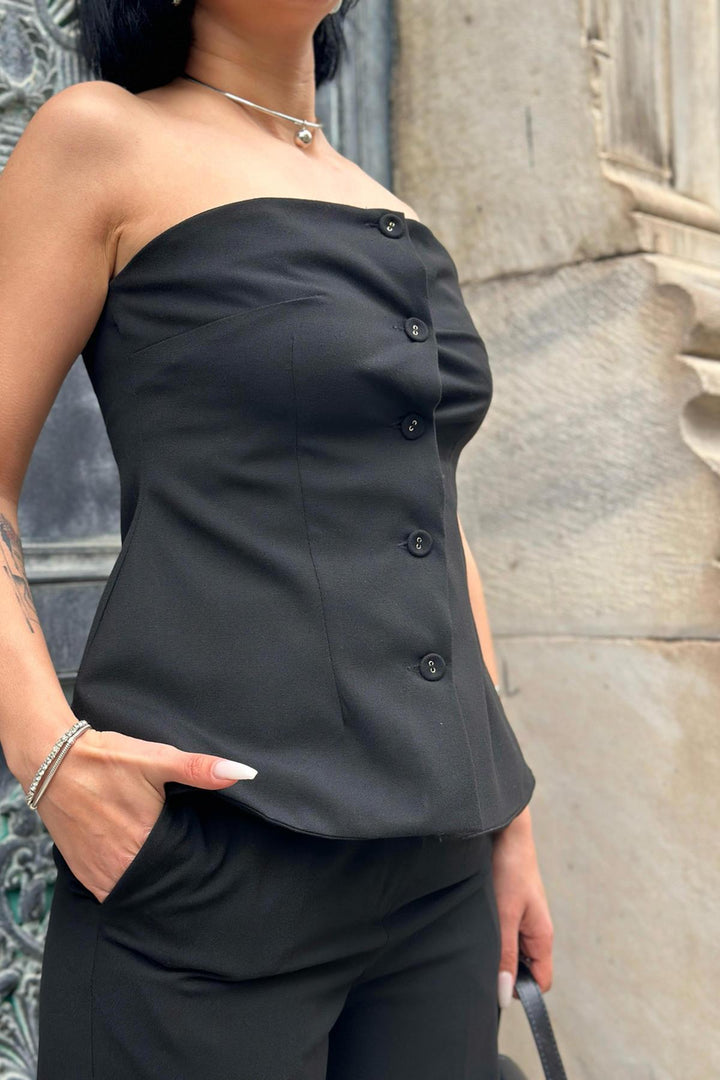 ELS Strapless Buttoned Crop Top and Pants Set - Black - Kerch