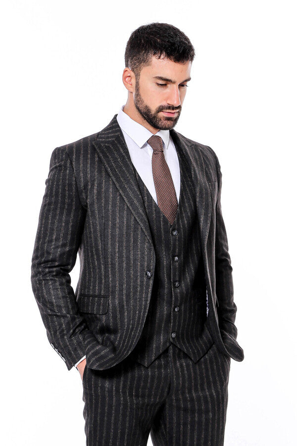 WSS Striped Black Slim-Fit Vested Men's Suit  - Detmold