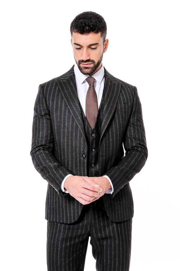WSS Striped Black Slim-Fit Vested Men's Suit  - Detmold