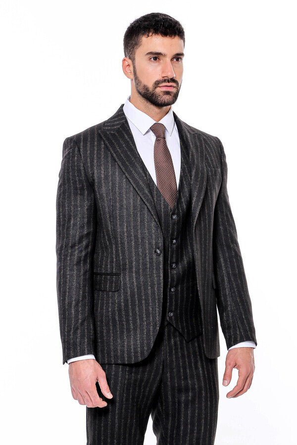 WSS Striped Black Slim-Fit Vested Men's Suit  - Detmold