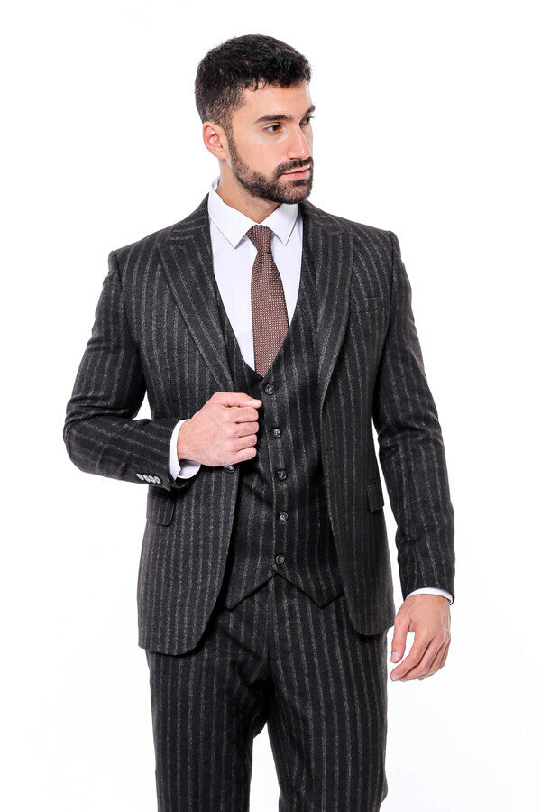 WSS Striped Black Slim-Fit Vested Men's Suit  - Detmold