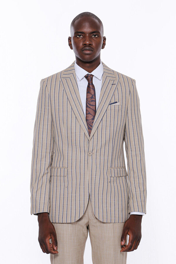 WSS Striped Blazer Plain Pants Beige Men Suit  - Prince George