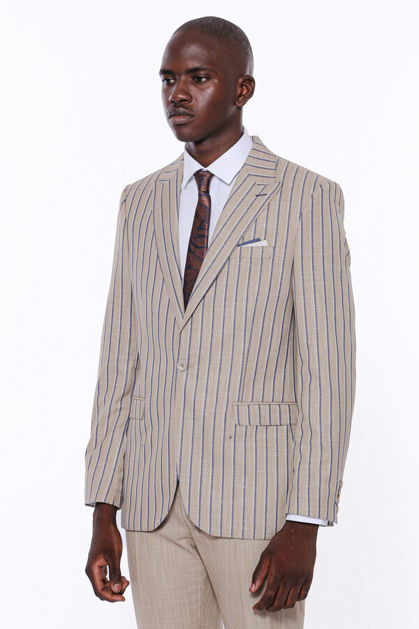 WSS Striped Blazer Plain Pants Beige Men Suit  - Prince George