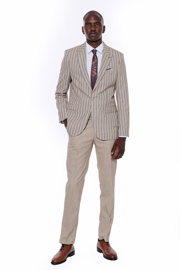 WSS Striped Blazer Plain Pants Beige Men Suit  - Prince George