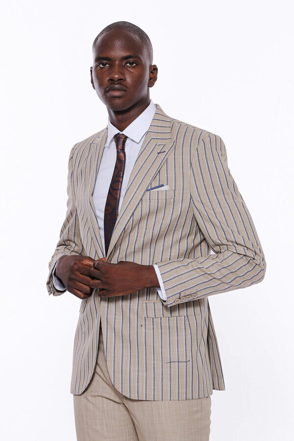 WSS Striped Blazer Plain Pants Beige Men Suit  - Prince George