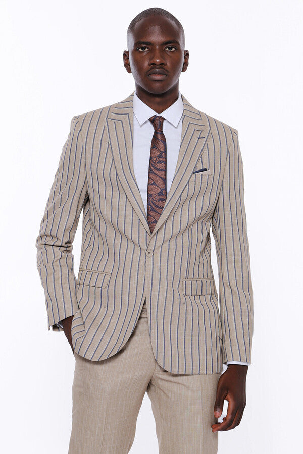 WSS Striped Blazer Plain Pants Beige Men Suit  - Prince George