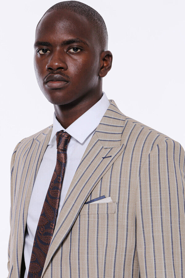 WSS Striped Blazer Plain Pants Beige Men Suit  - Prince George