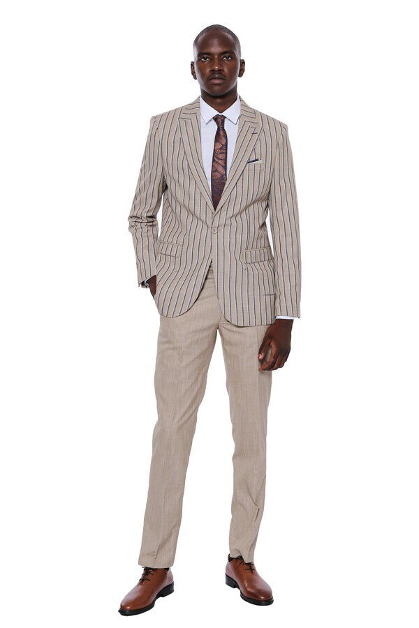 WSS Striped Blazer Plain Pants Beige Men Suit  - Prince George