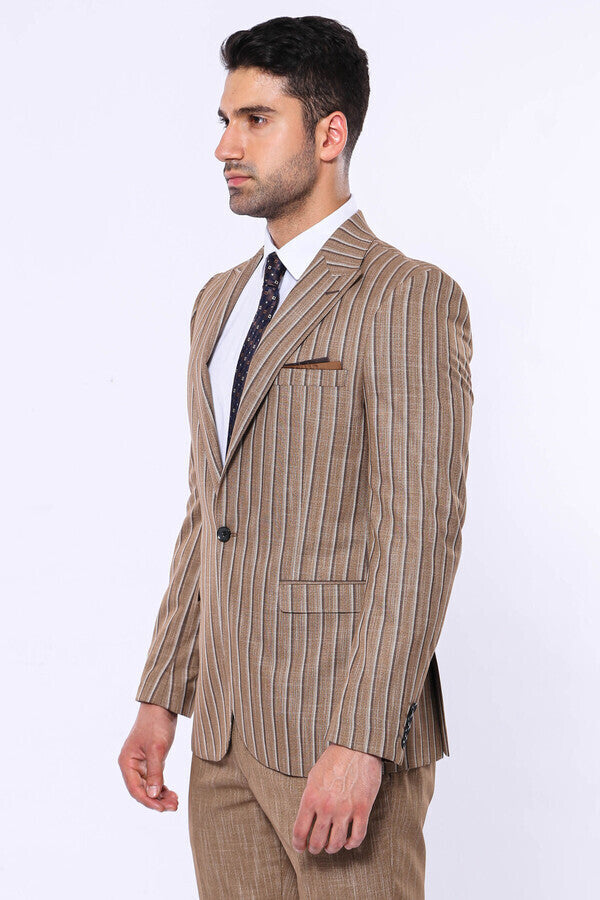 WSS Striped Blazer Plain Pants Light Brown Men Suit  - Pueblo West