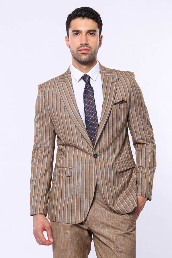 WSS Striped Blazer Plain Pants Light Brown Men Suit  - Pueblo West