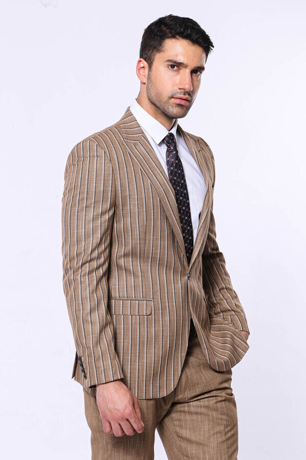 WSS Striped Blazer Plain Pants Light Brown Men Suit  - Pueblo West