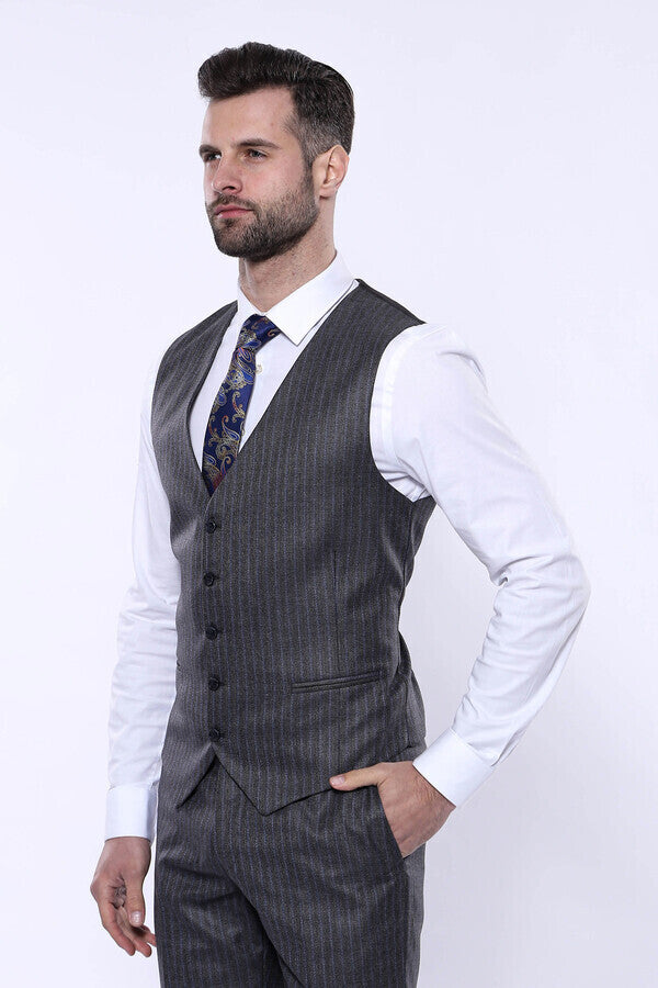 WSS Striped Grey Vested Suit   - Winslow