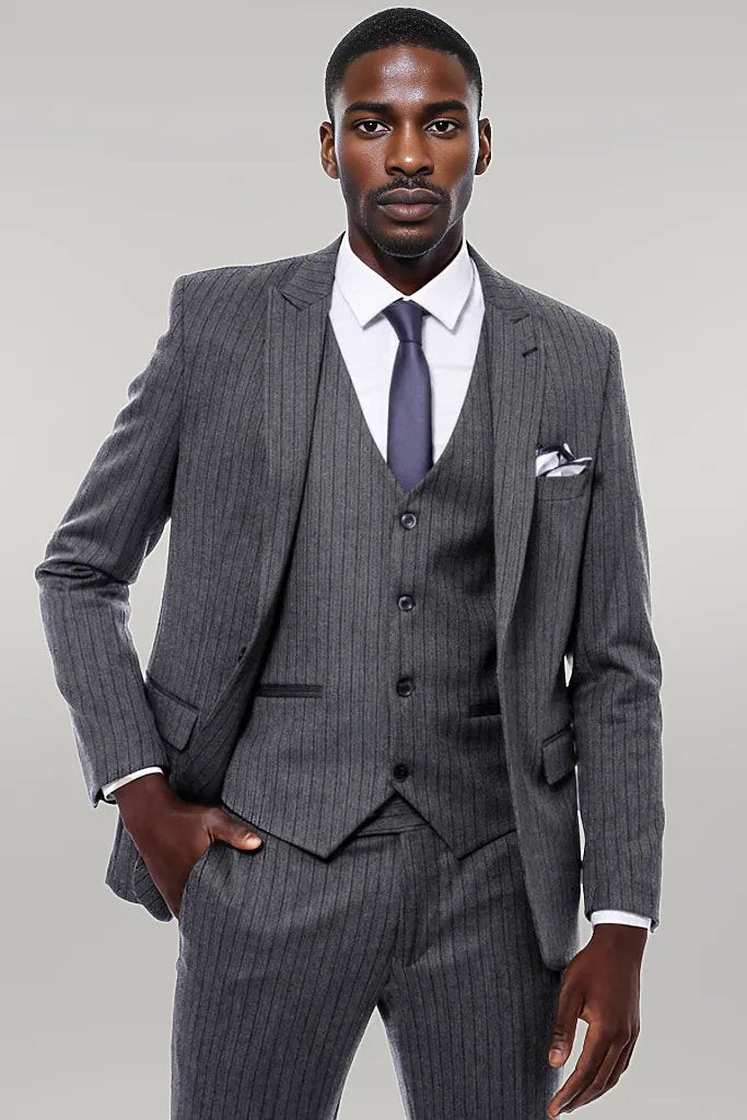 WSS Striped Navy Blue Vested Suit  - Singen
