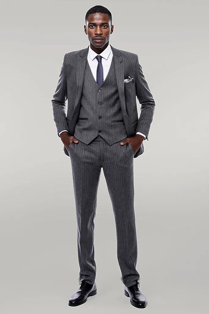 WSS Striped Navy Blue Vested Suit  - Singen