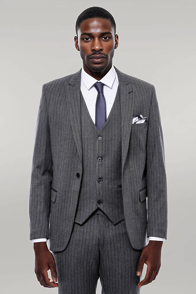 WSS Striped Navy Blue Vested Suit  - Singen