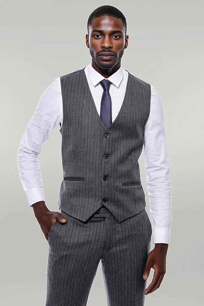 WSS Striped Navy Blue Vested Suit  - Singen
