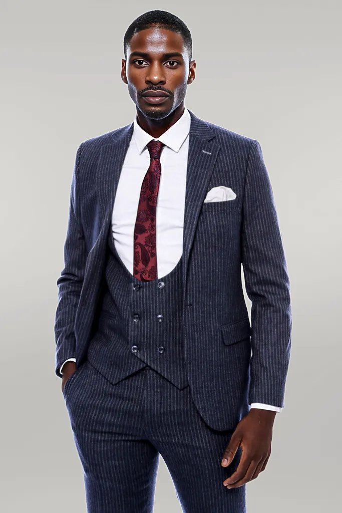 WSS Striped Navy Double Breasted Suit  - Singen