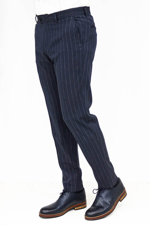 WSS Striped Slim Fit Navy Blue Men Pants  - Mieres