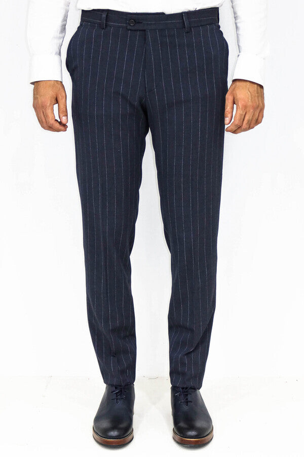 WSS Striped Slim Fit Navy Blue Men Pants  - Mieres